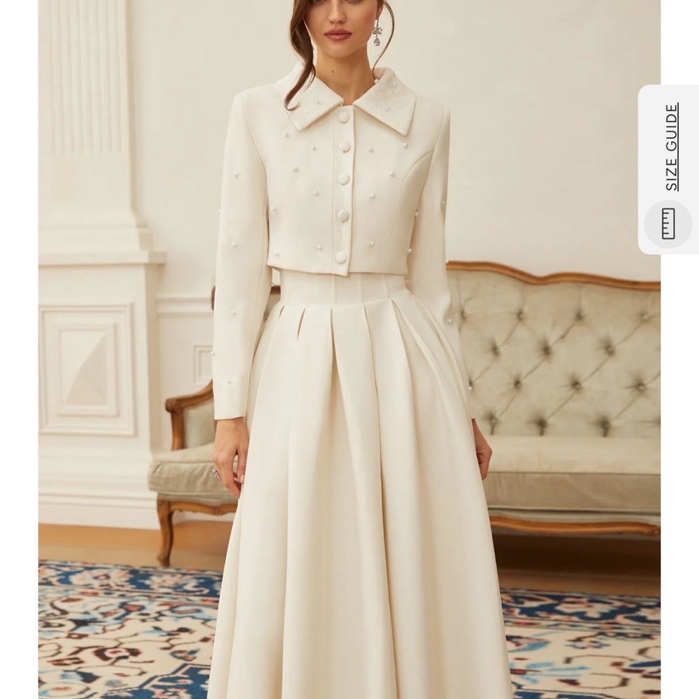 Pearl-Embellished Cream A-Line Dress with Cropped Jacket